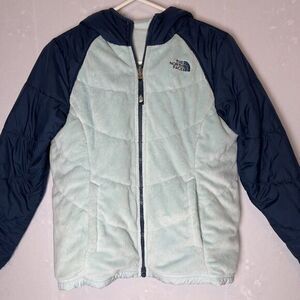 The North Face Girls reversible Jacket Coat 14/16 Large Hood Aqua Green - Flaws